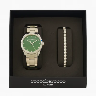 Set Roccobarocco Donna Silver – Orologio Acciaio con Quadrante Verde + Bracciale Tennis Zirconi